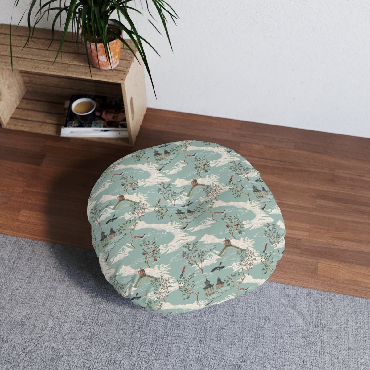 Chinoiserie Chinese Pagoda Round Tufted Floor Pillow - Puffin Lime