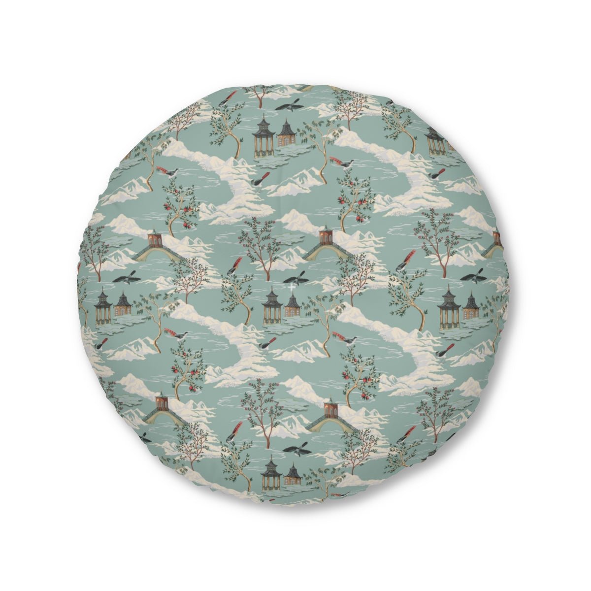 Chinoiserie Chinese Pagoda Round Tufted Floor Pillow - Puffin Lime