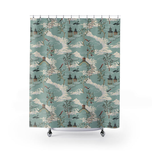 Chinoiserie Chinese Pagoda Shower Curtain - Puffin Lime