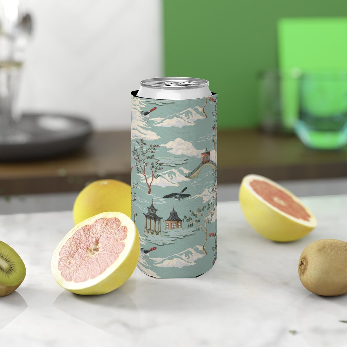 Chinoiserie Chinese Pagoda Slim Can Cooler - Puffin Lime