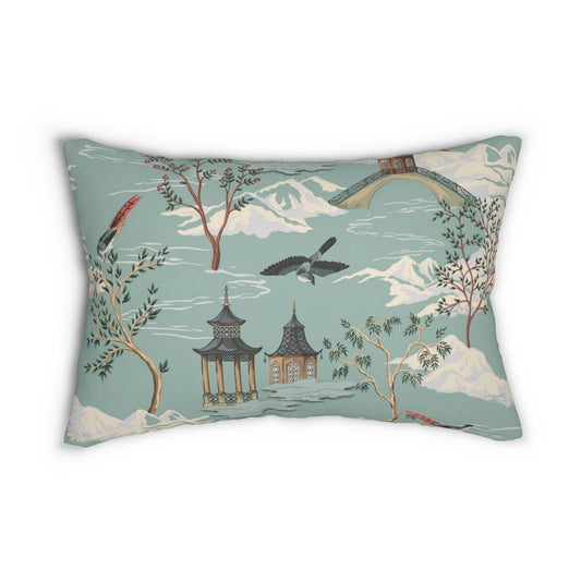 Chinoiserie Chinese Pagoda Spun Polyester Lumbar Pillow - Puffin Lime