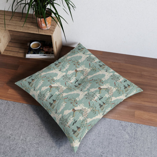 Chinoiserie Chinese Pagoda Square Tufted Floor Pillow - Puffin Lime