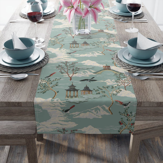 Chinoiserie Chinese Pagoda Table Runner - Puffin Lime