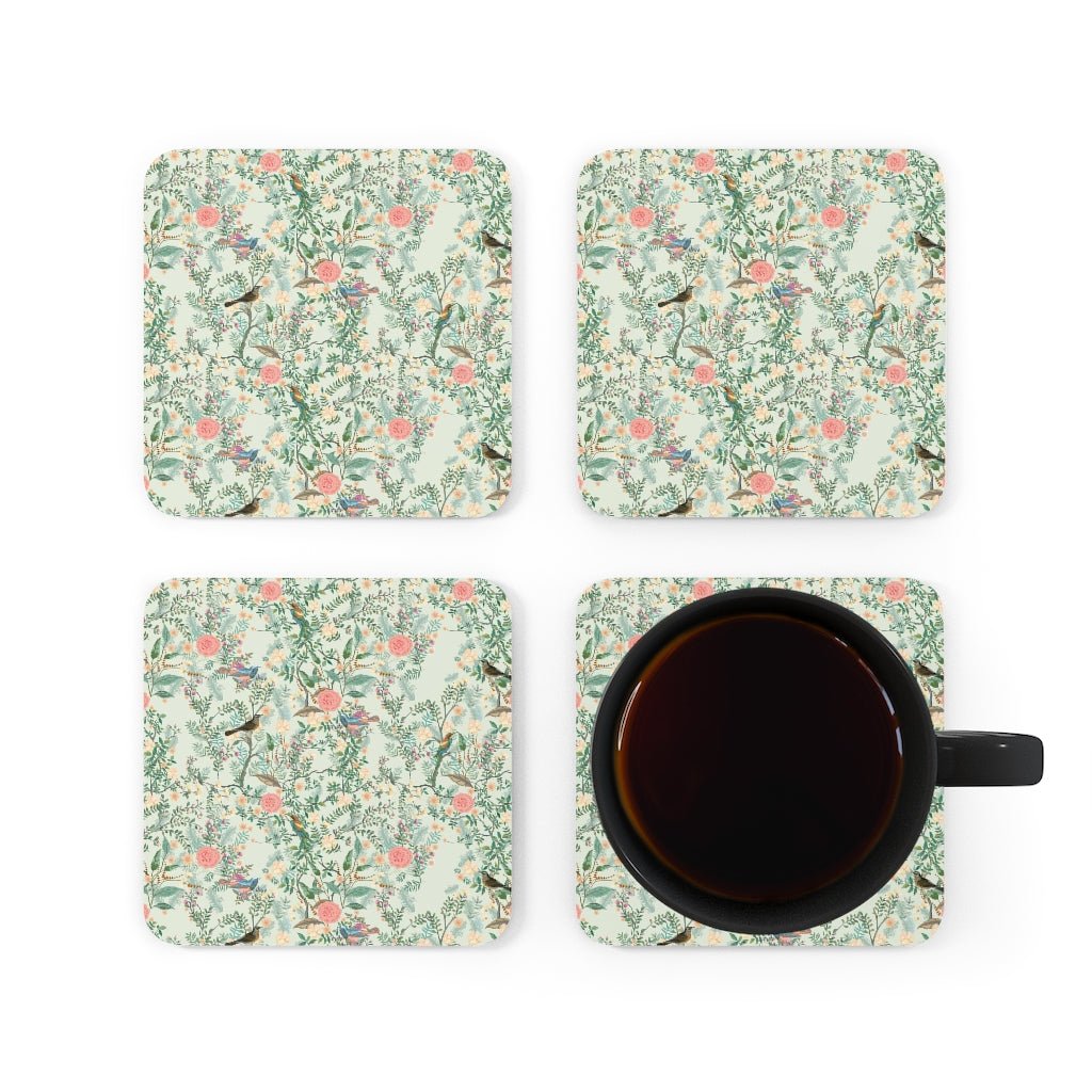 Chinoiserie Garden Corkwood Coaster Set - Puffin Lime