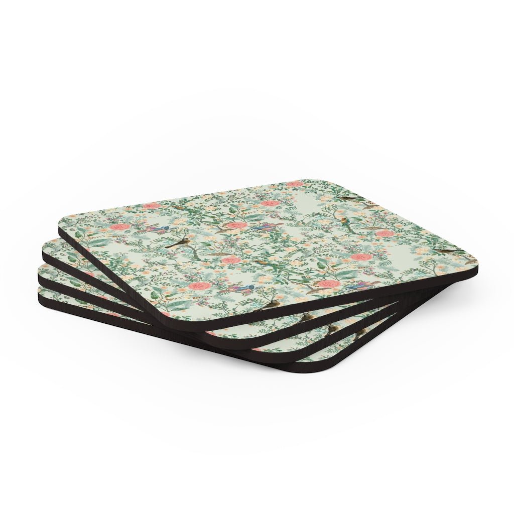 Chinoiserie Garden Corkwood Coaster Set - Puffin Lime
