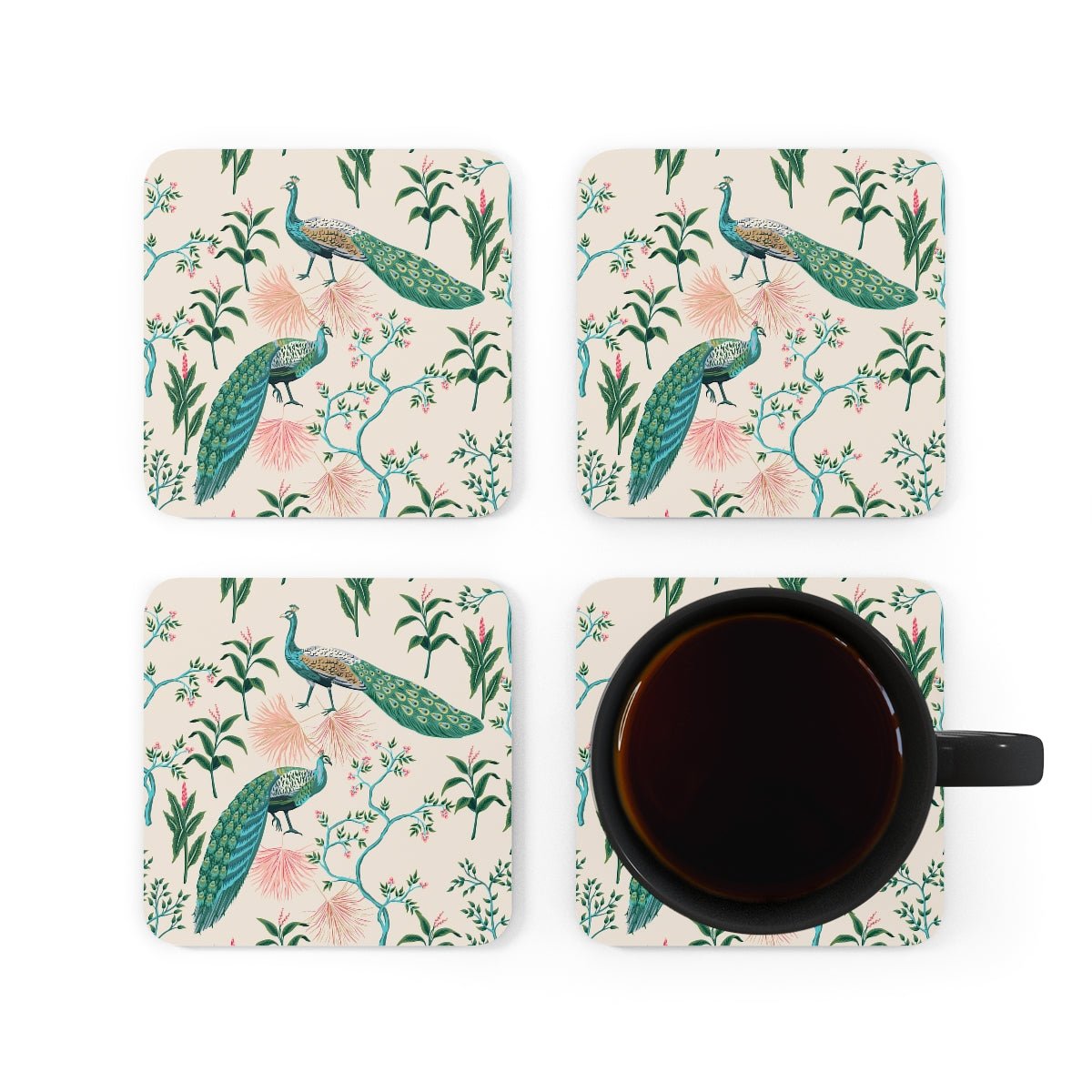 Chinoiserie Peacocks Corkwood Coaster Set - Puffin Lime