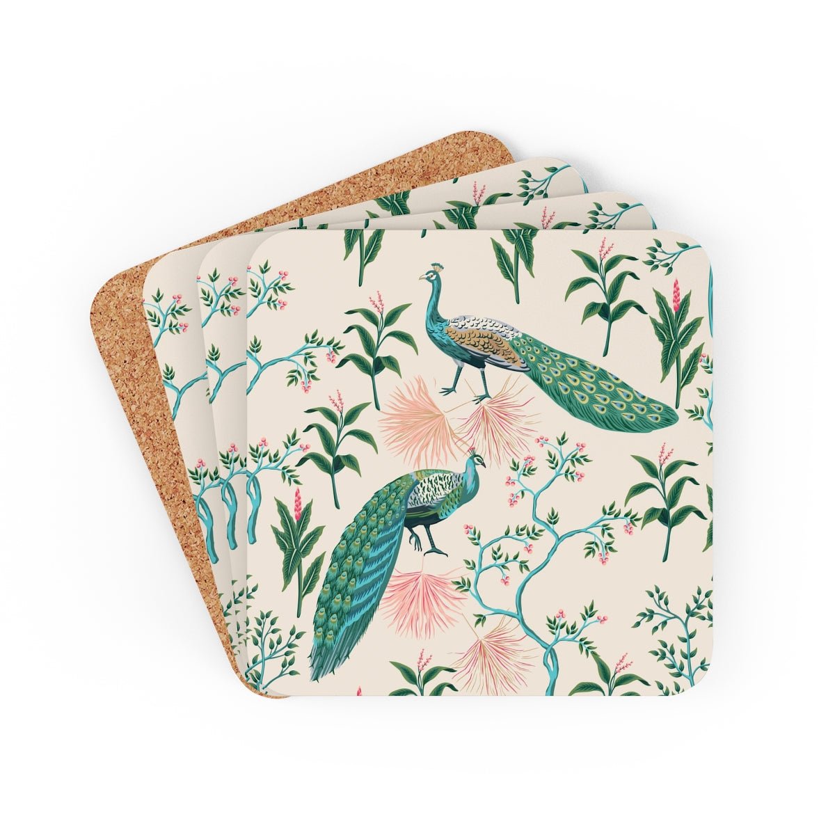 Chinoiserie Peacocks Corkwood Coaster Set - Puffin Lime