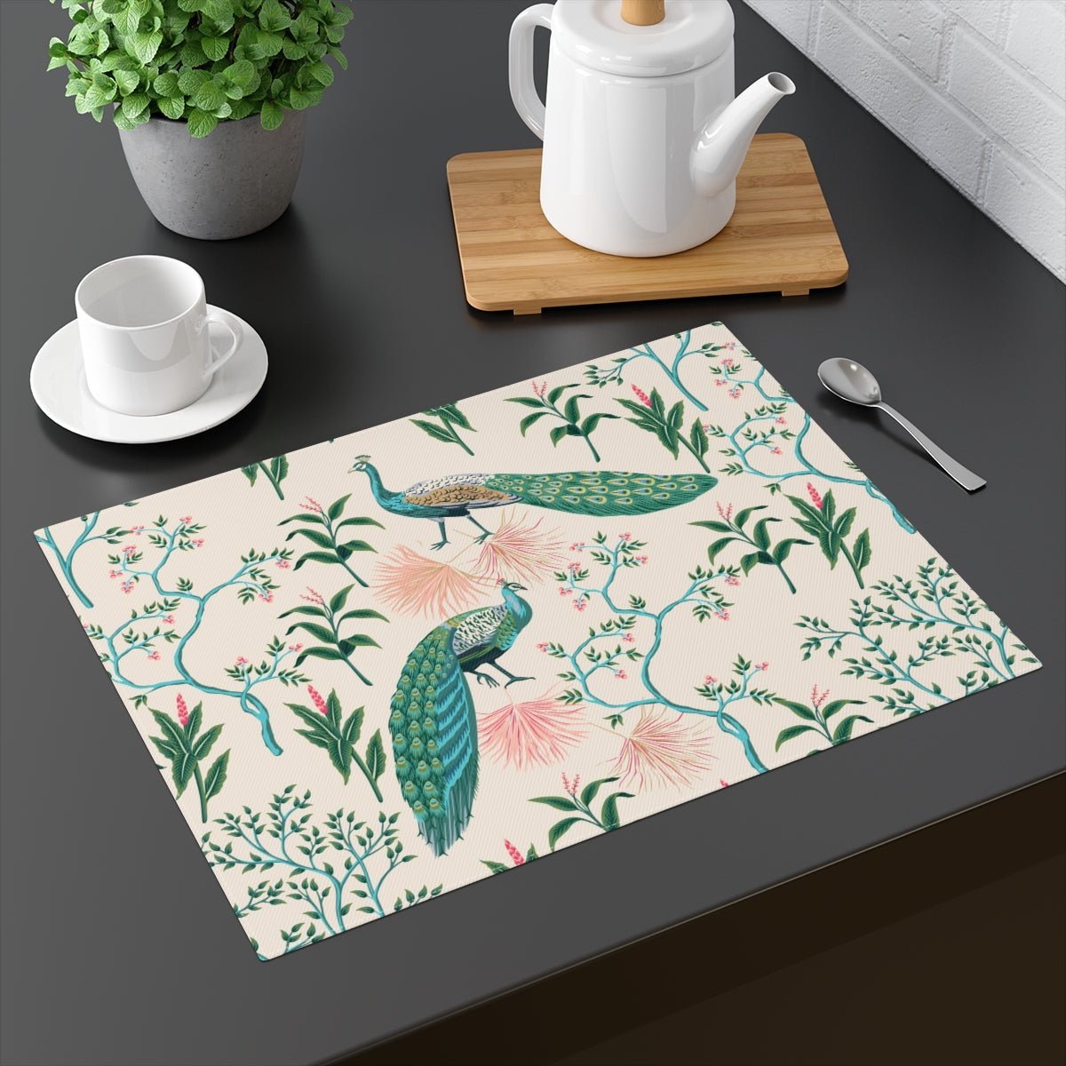 Chinoiserie Peacocks Cotton Placemat - Puffin Lime