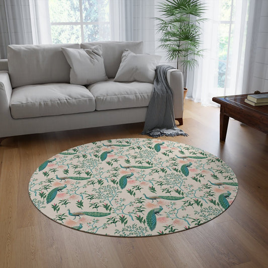 Chinoiserie Peacocks Round Rug - Puffin Lime