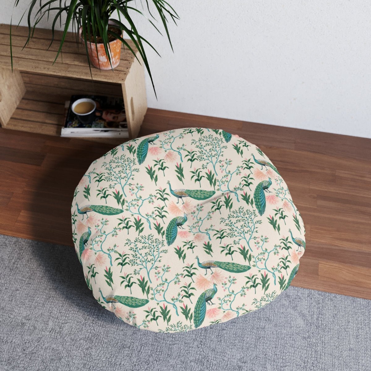 Chinoiserie Peacocks Round Tufted Floor Pillow - Puffin Lime