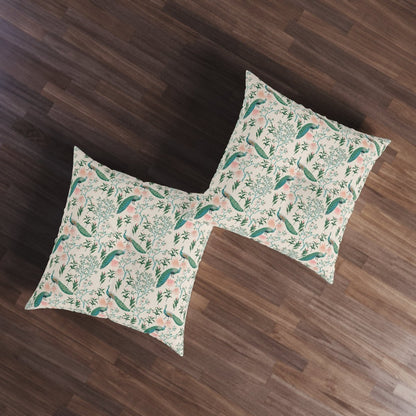 Chinoiserie Peacocks Tufted Square Floor Pillow - Puffin Lime