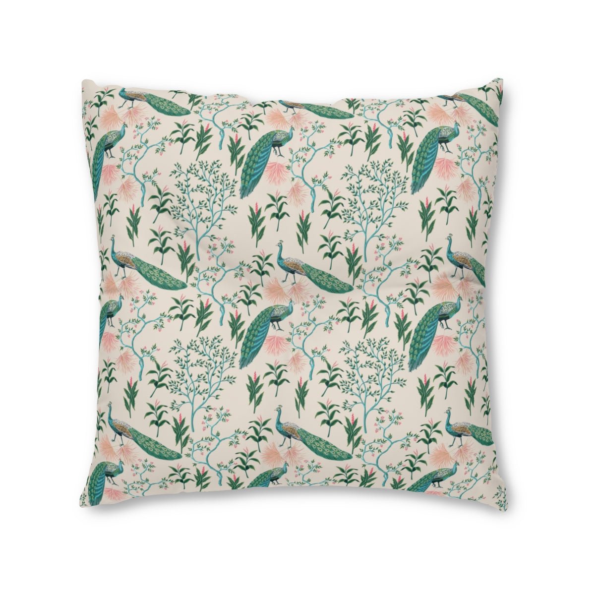 Chinoiserie Peacocks Tufted Square Floor Pillow - Puffin Lime