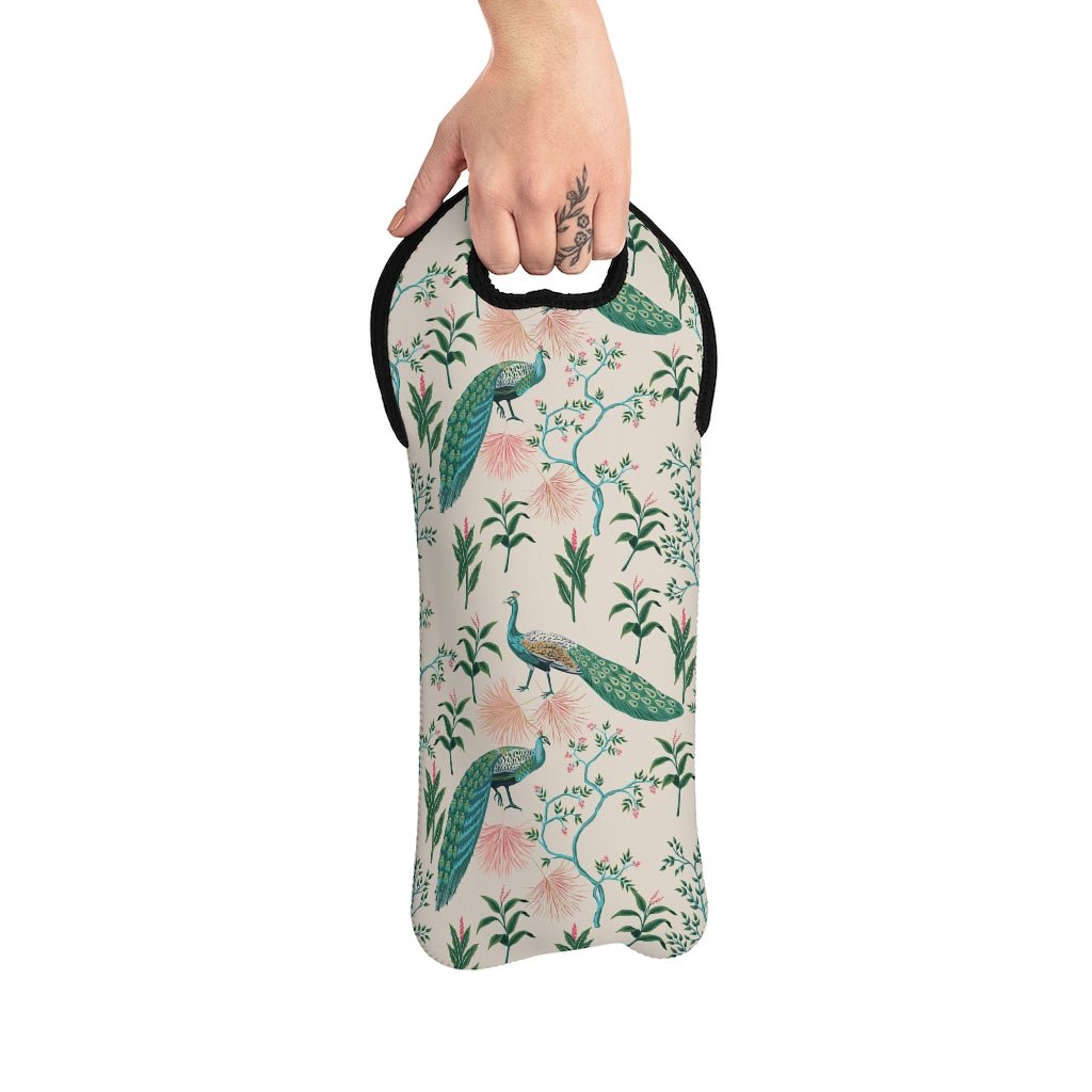 Chinoiserie Peacocks Wine Tote Bag - Puffin Lime