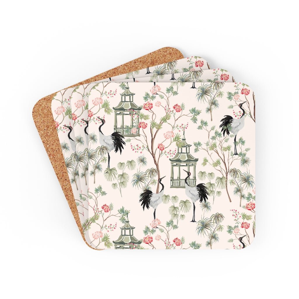 Chinoiserie Rose Trees Corkwood Coaster Set - Puffin Lime
