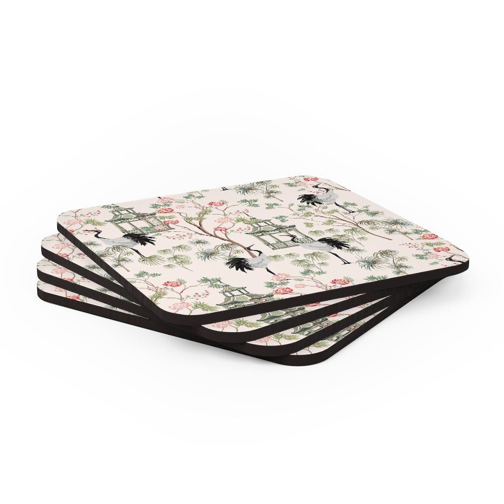 Chinoiserie Rose Trees Corkwood Coaster Set - Puffin Lime