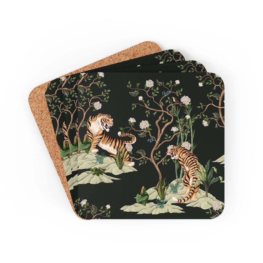Chinoiserie Tigers and Peonies Corkwood Coaster Set - Puffin Lime