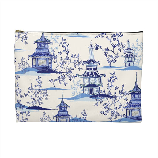 Chinoiserie Vintage Chinese Pagodas Accessory Pouch - Puffin Lime