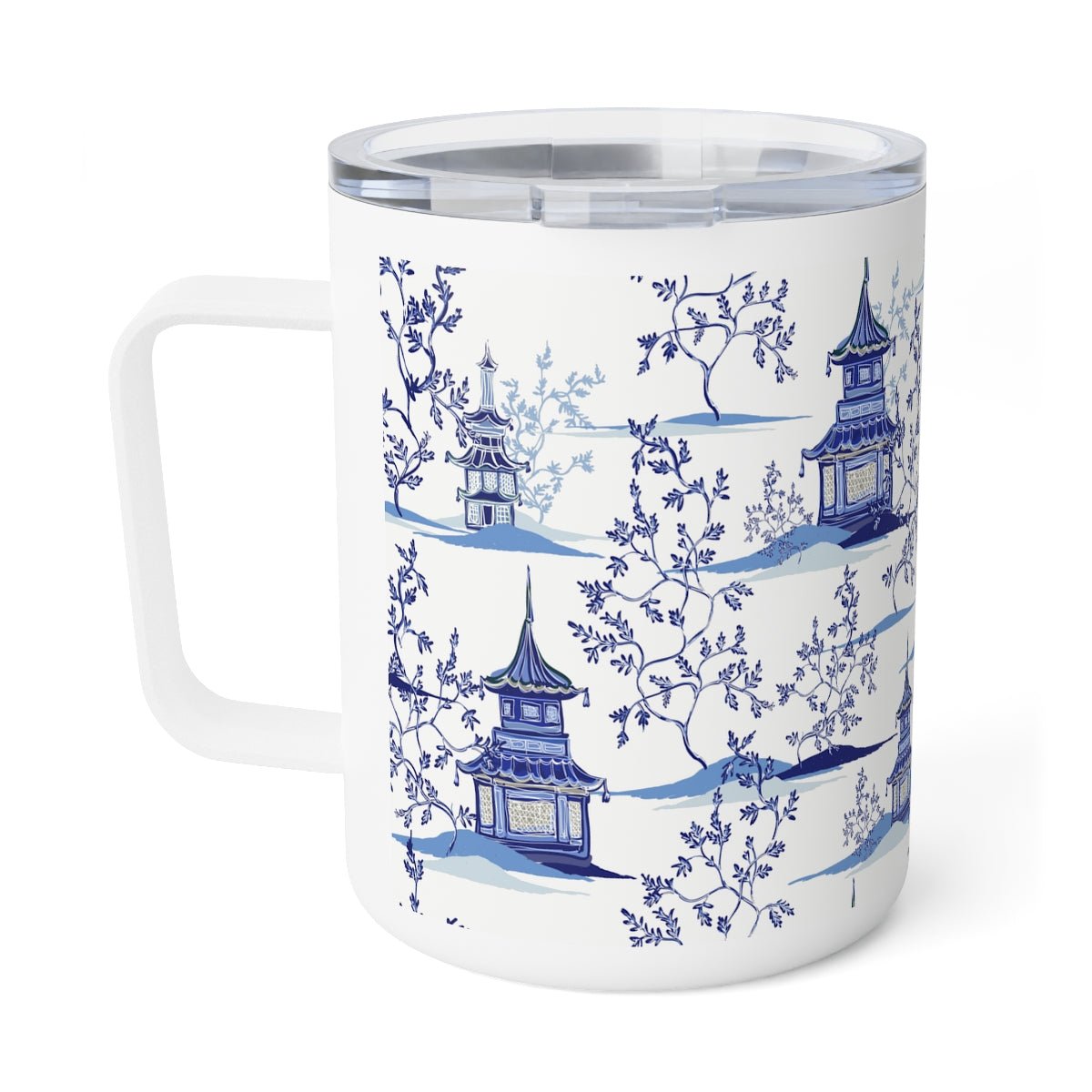 Chinoiserie Vintage Chinese Pagodas Insulated Coffee Mug - Puffin Lime