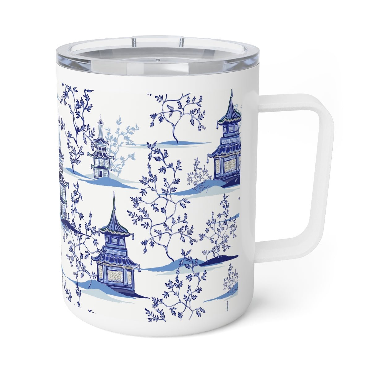 Chinoiserie Vintage Chinese Pagodas Insulated Coffee Mug - Puffin Lime