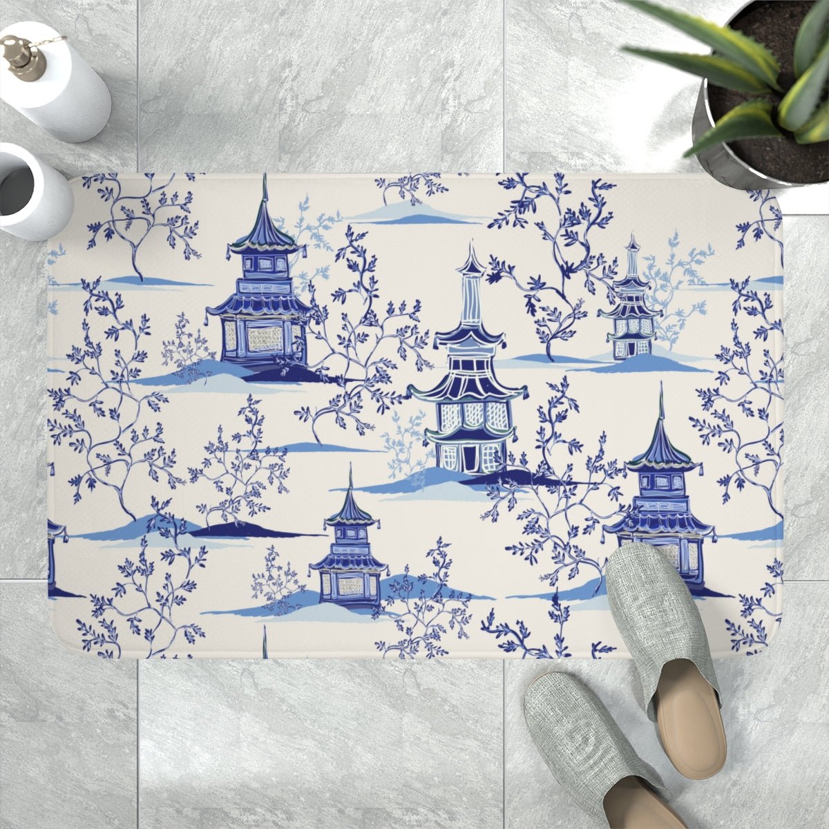 Chinoiserie Vintage Chinese Pagodas Memory Foam Bath Mat - Puffin Lime