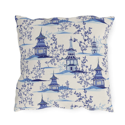 Chinoiserie Vintage Chinese Pagodas Outdoor Pillow - Puffin Lime