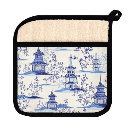 Chinoiserie Vintage Chinese Pagodas Pot Holder with Pocket - Puffin Lime