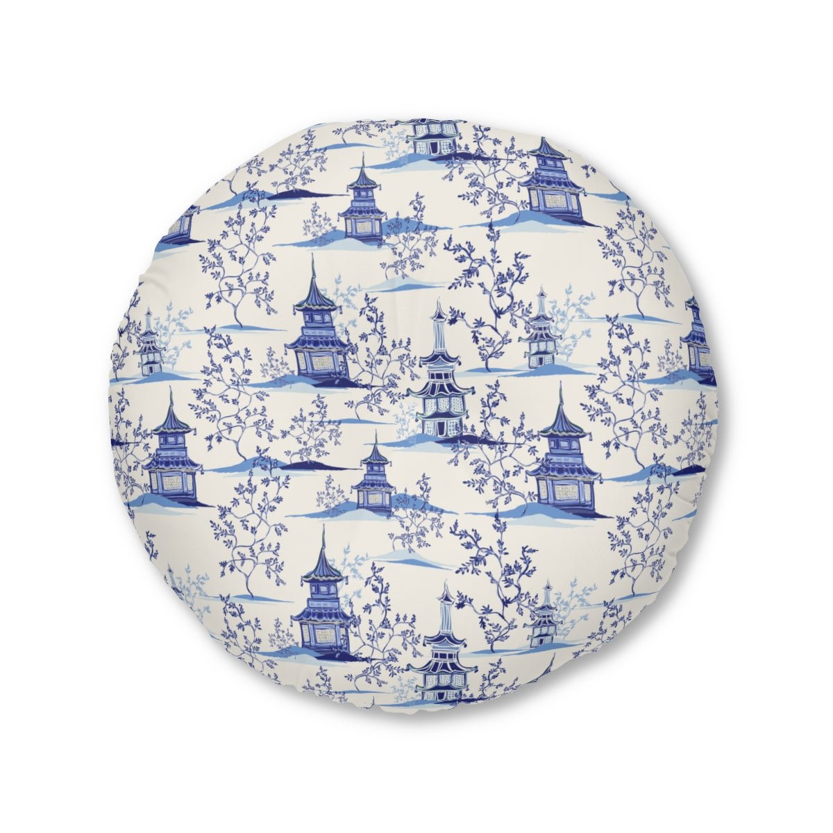 Chinoiserie Vintage Chinese Pagodas Round Floor Pillow - Puffin Lime