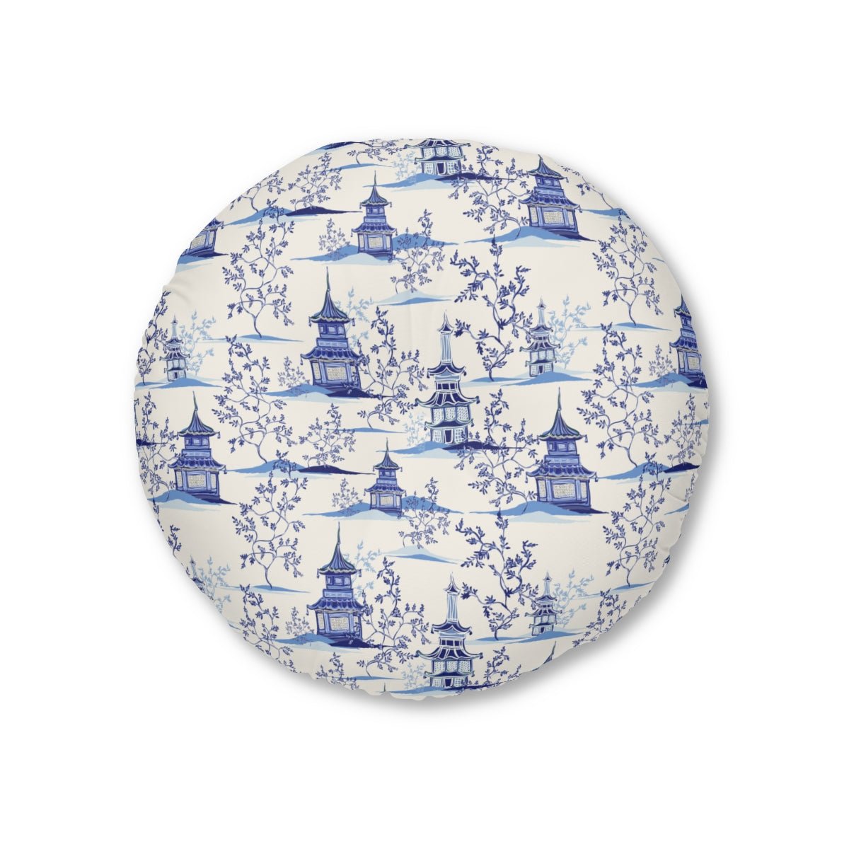 Chinoiserie Vintage Chinese Pagodas Round Floor Pillow - Puffin Lime