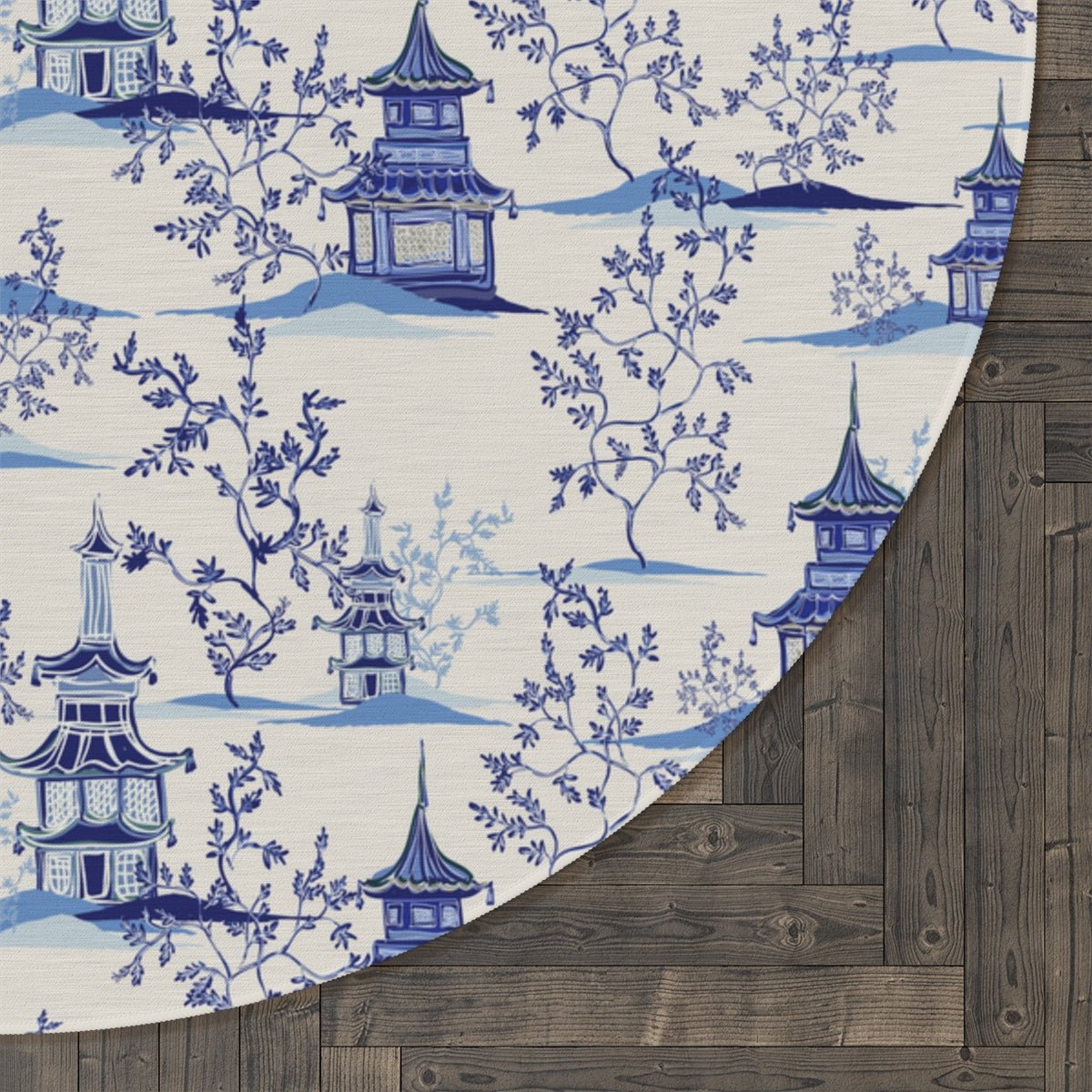 Chinoiserie Vintage Chinese Pagodas Round Rug - Puffin Lime