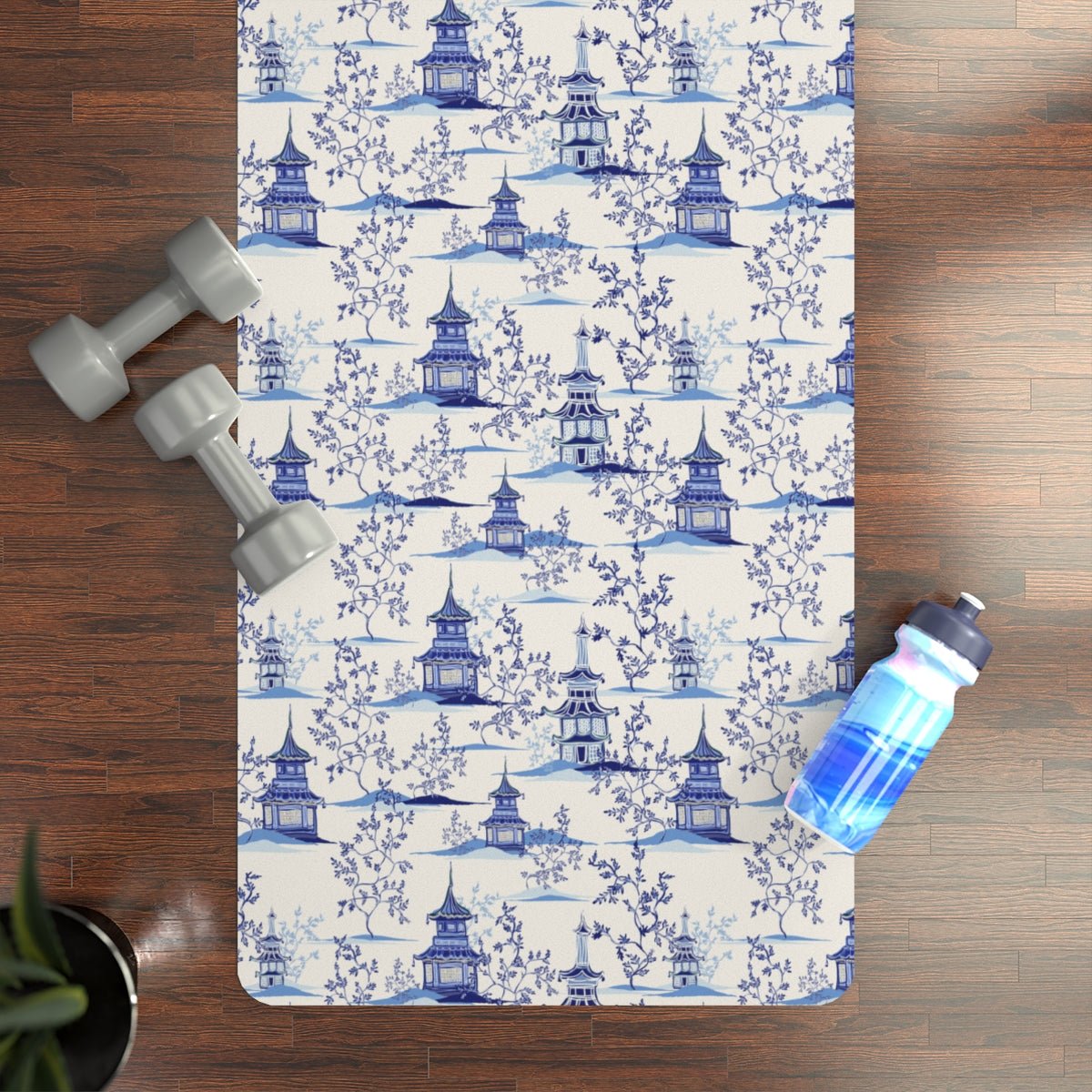 Chinoiserie Vintage Chinese Pagodas Rubber Yoga Mat - Puffin Lime