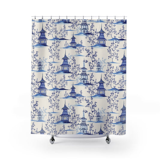 Chinoiserie Vintage Chinese Pagodas Shower Curtain - Puffin Lime