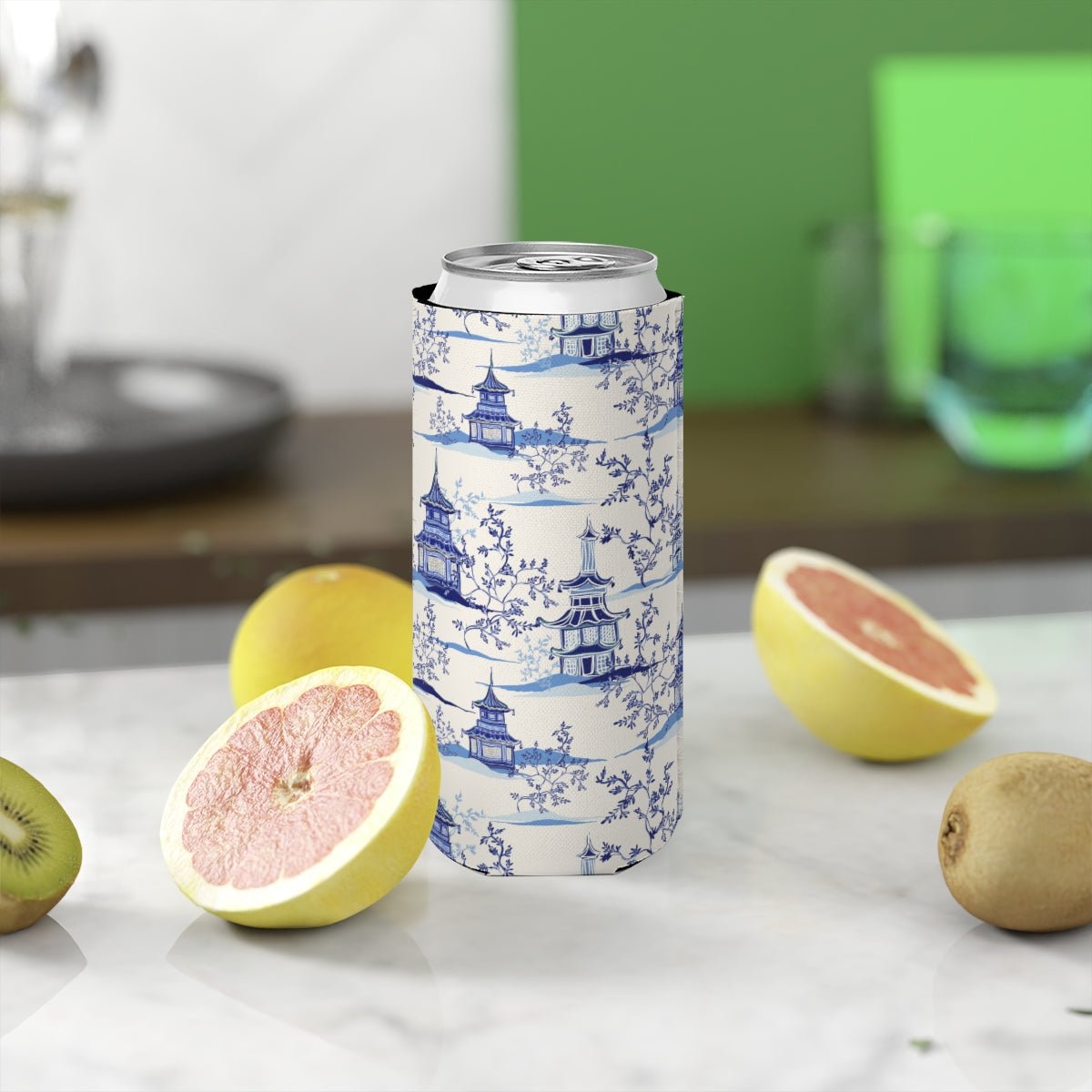 Chinoiserie Vintage Chinese Pagodas Slim Can Cooler - Puffin Lime