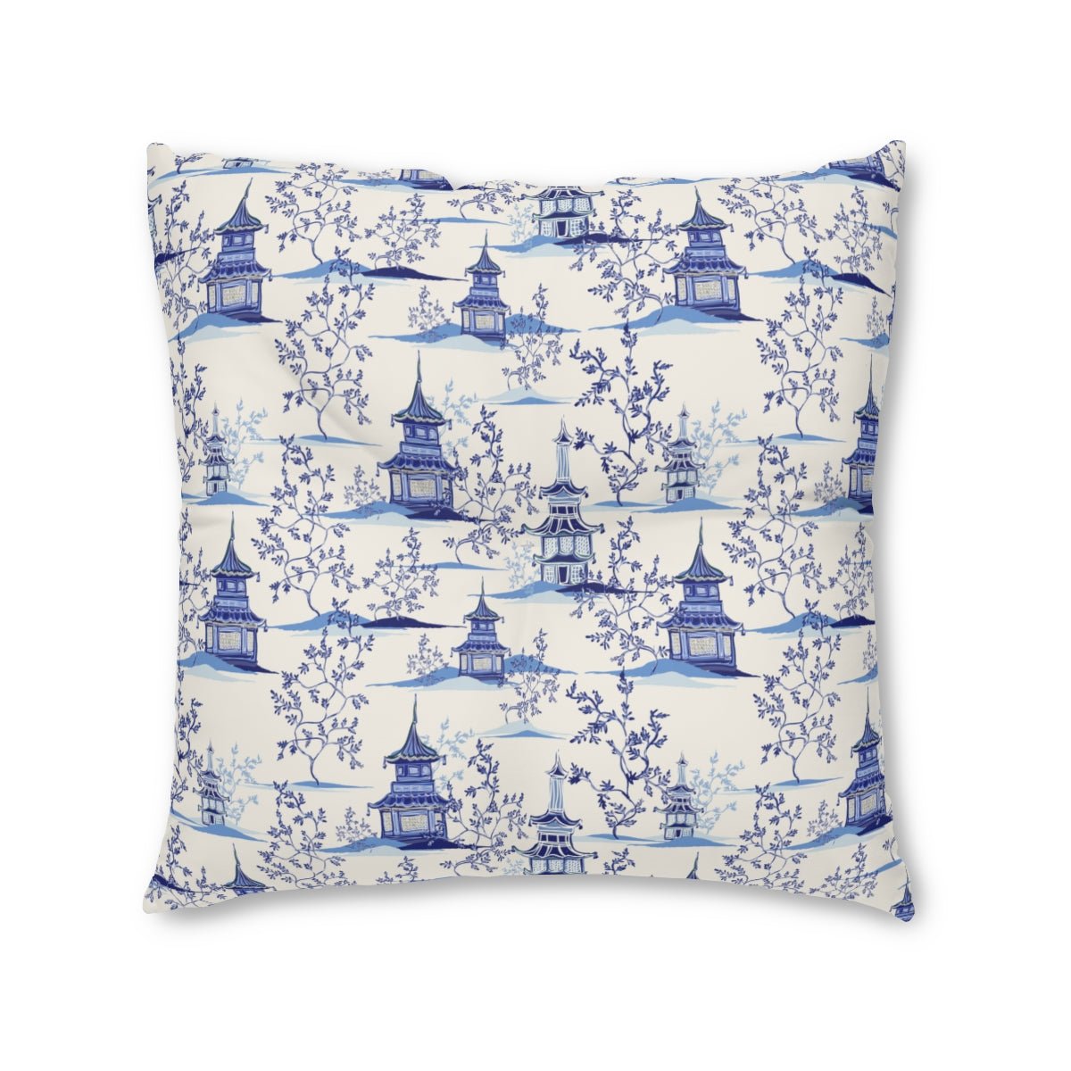 Chinoiserie Vintage Chinese Pagodas Square Floor Pillow - Puffin Lime