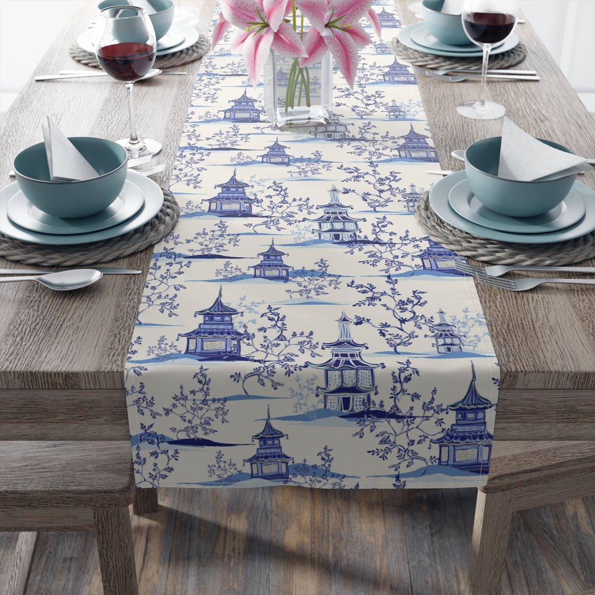 Chinoiserie Vintage Chinese Pagodas Table Runner - Puffin Lime