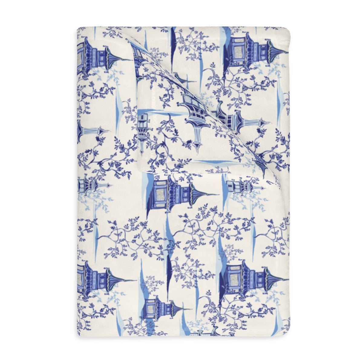 Chinoiserie Vintage Chinese Pagodas Velveteen Minky Blanket (Two-sided print) - Puffin Lime