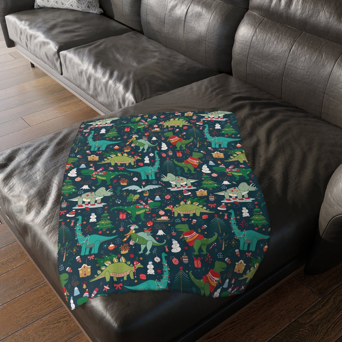 Christmas Dinosaurs Velveteen Toddler Minky Blanket (Two-sided print) - Puffin Lime