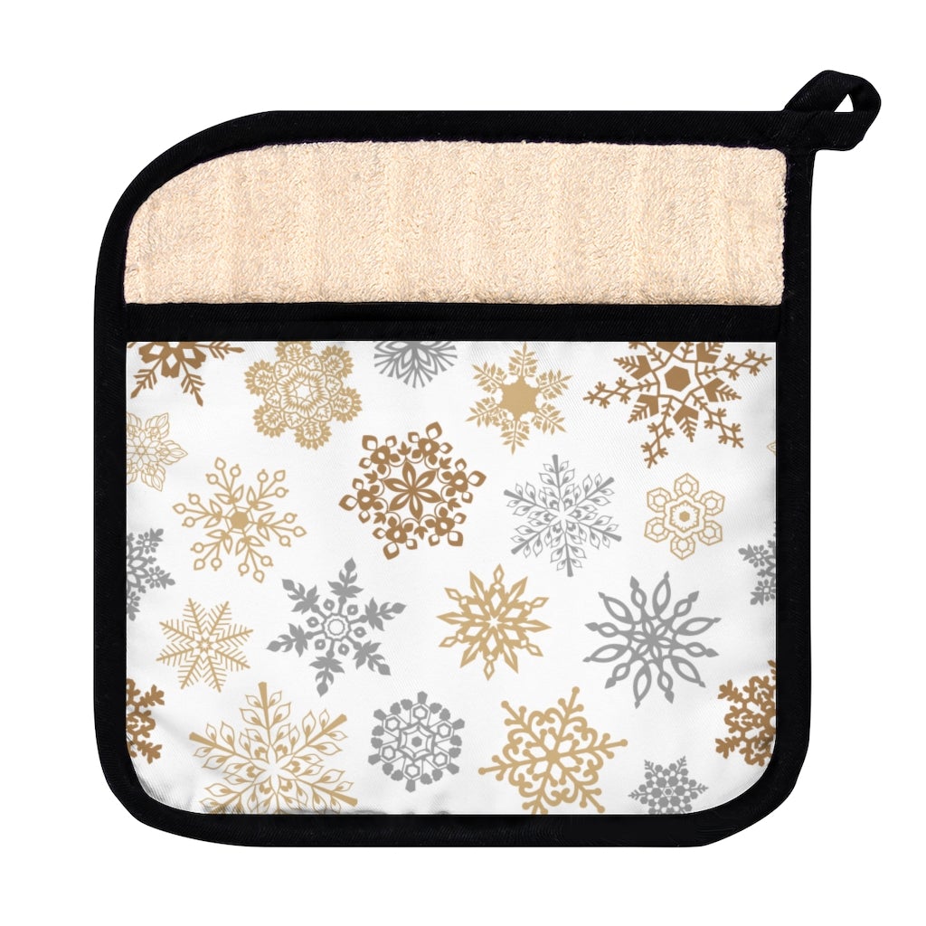 Christmas Gold and Silver Snowflakes Pot Holder with Pocket
