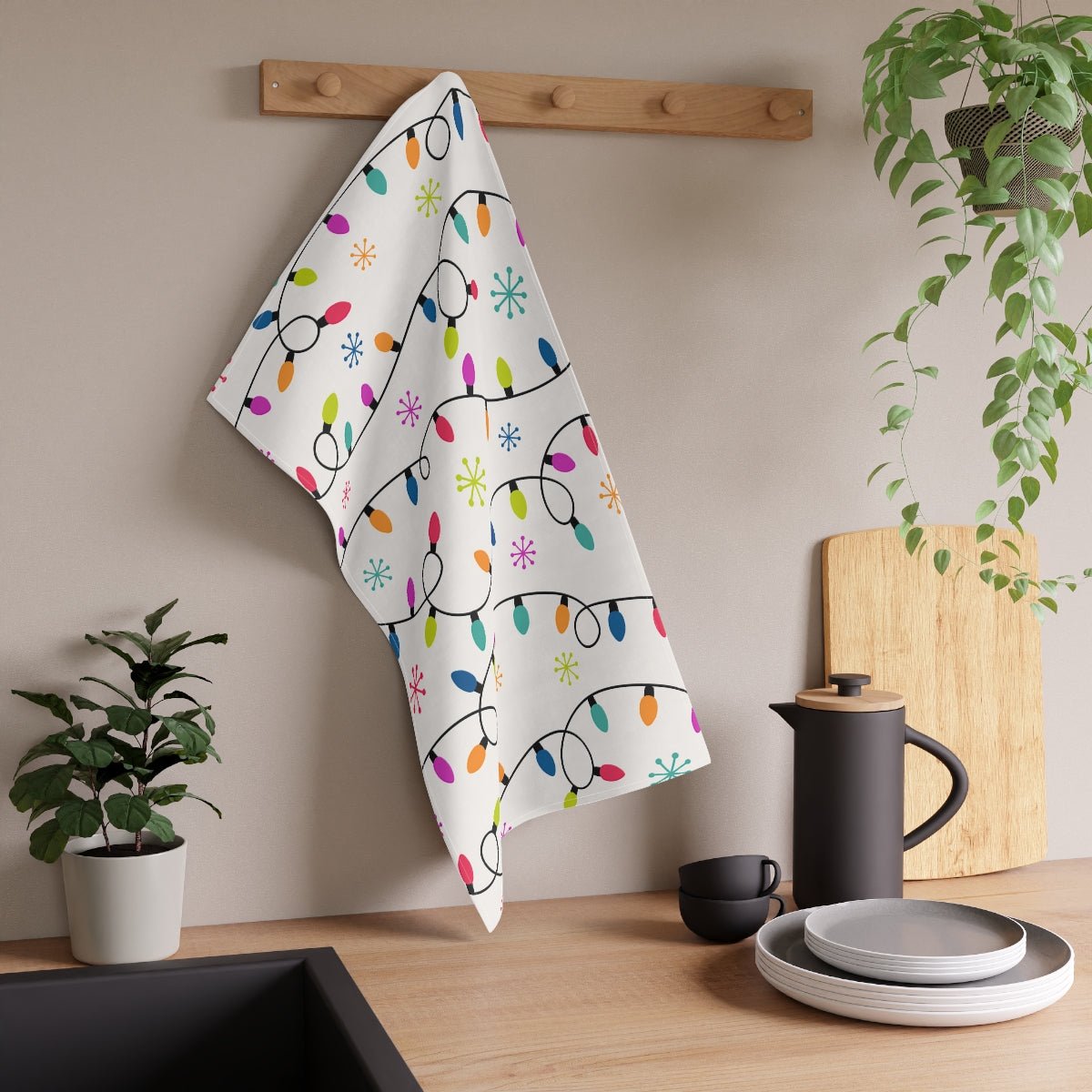 Christmas Lights Kitchen Towel - Puffin Lime