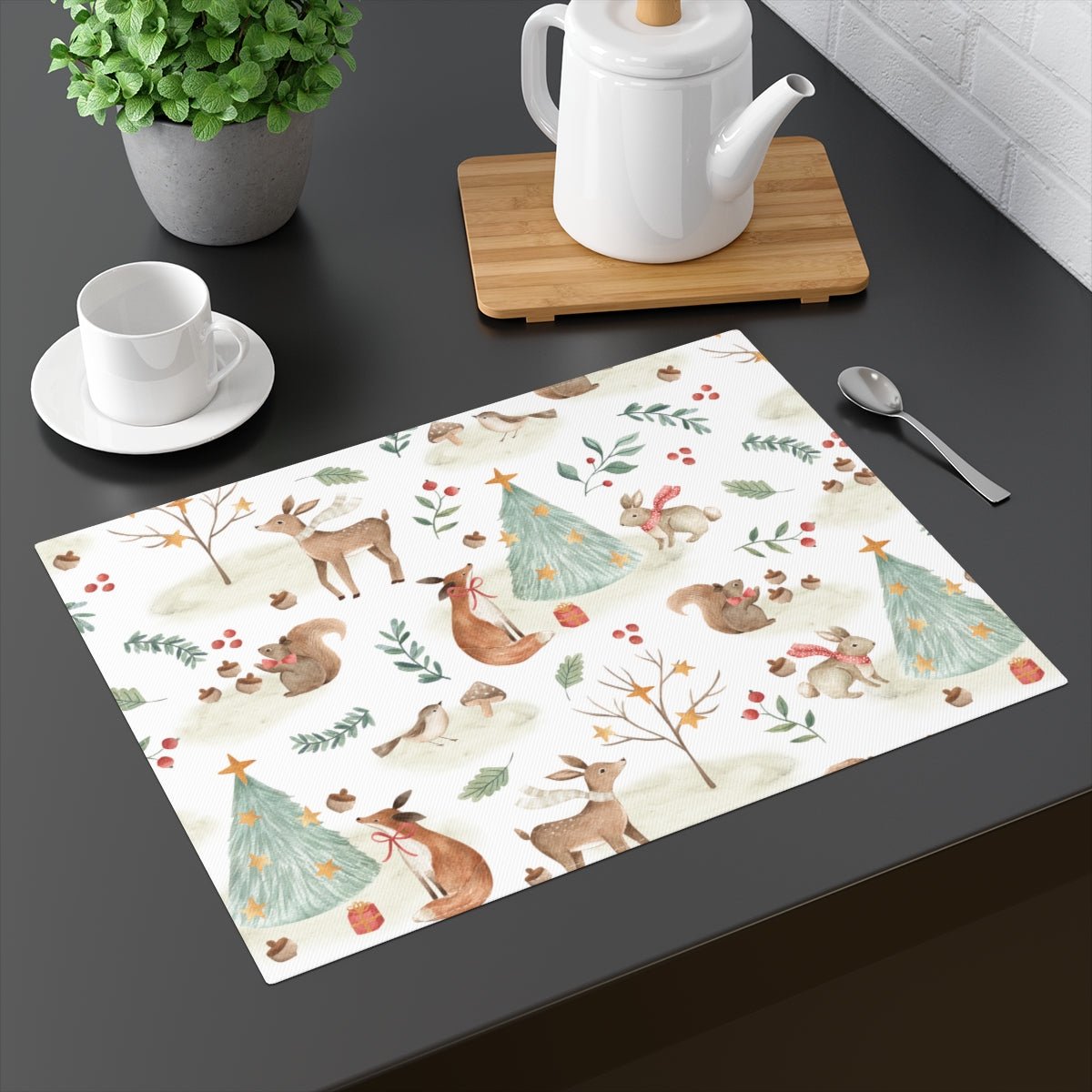 Christmas Woodland Animals Cotton Placemat - Puffin Lime