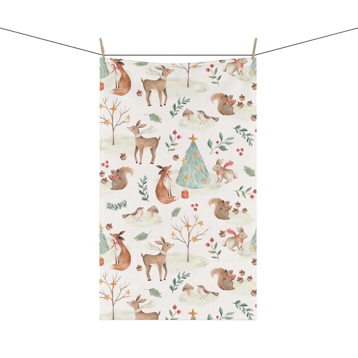 Christmas Woodland Animals Kitchen Towel - Puffin Lime
