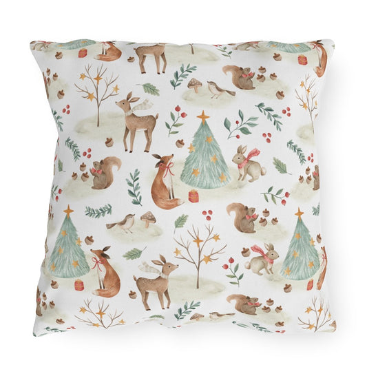 Christmas Woodland Animals Outdoor Pillow - Puffin Lime