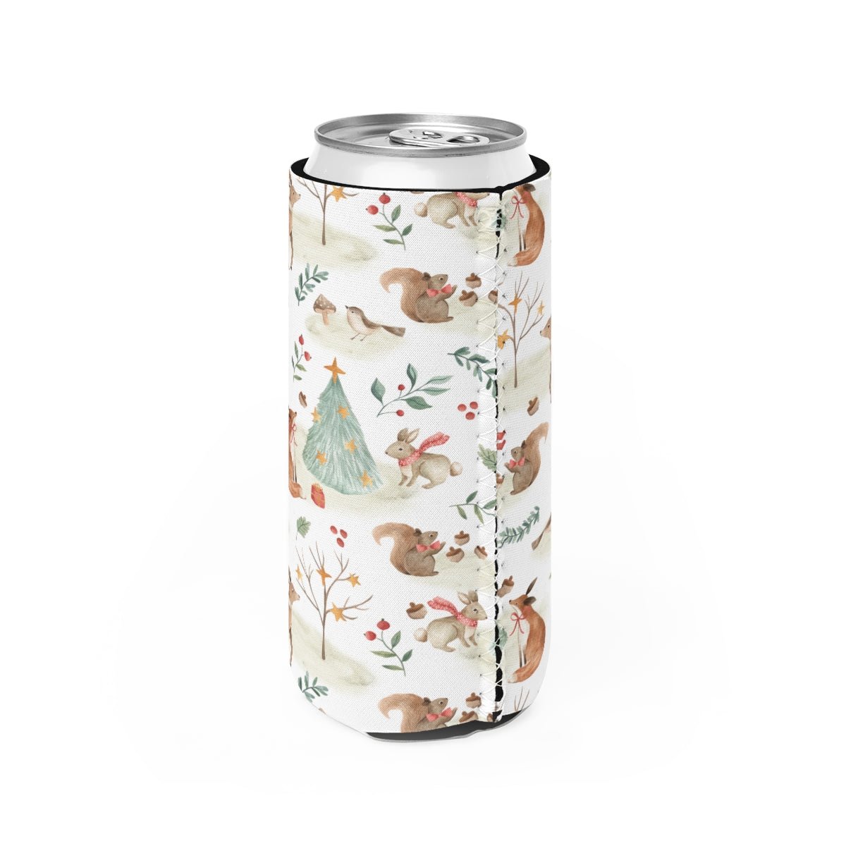 Christmas Woodland Animals Slim Can Cooler - Puffin Lime