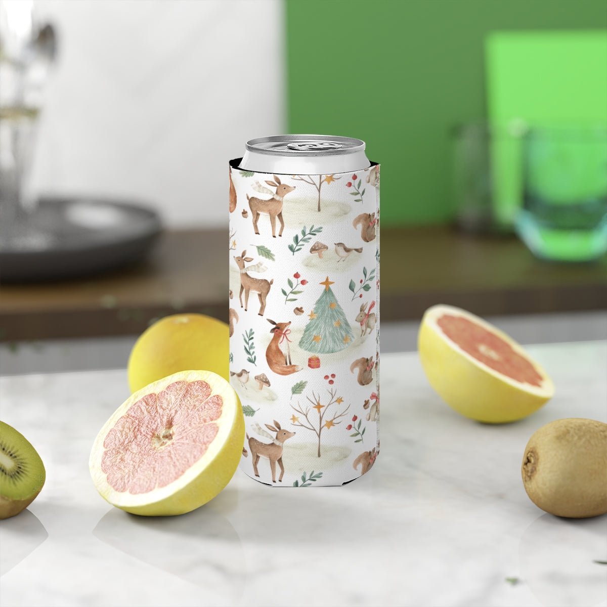 Christmas Woodland Animals Slim Can Cooler - Puffin Lime