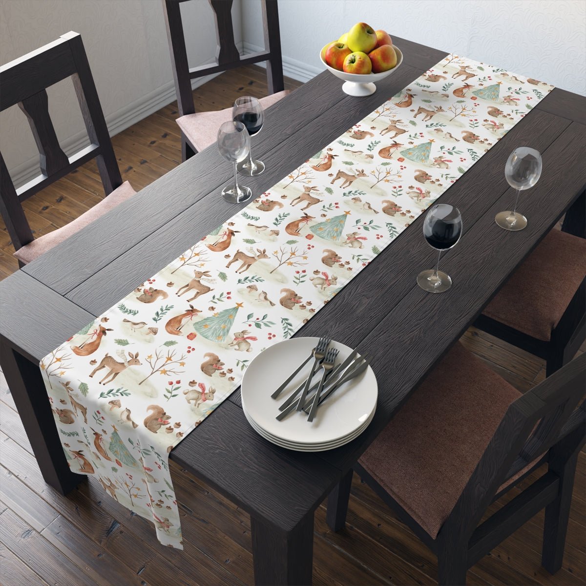 Christmas Woodland Animals Table Runner - Puffin Lime