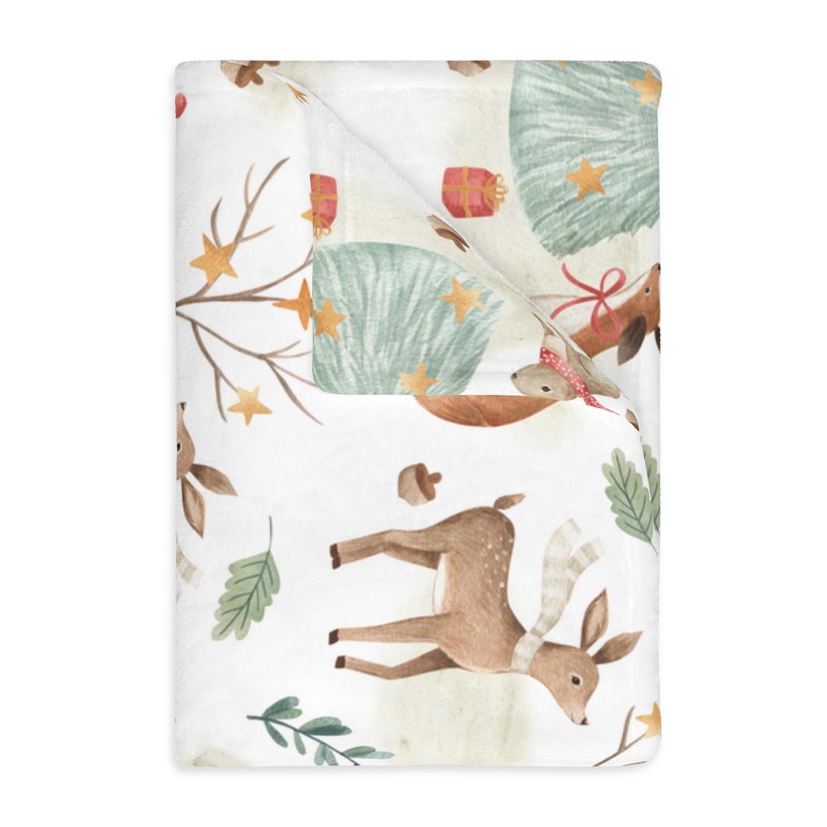 Christmas Woodland Animals Velveteen Minky Blanket (Two-sided print) - Puffin Lime