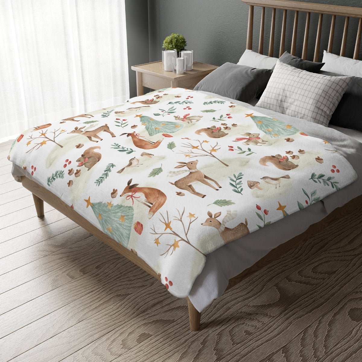 Christmas Woodland Animals Velveteen Minky Blanket (Two-sided print) - Puffin Lime