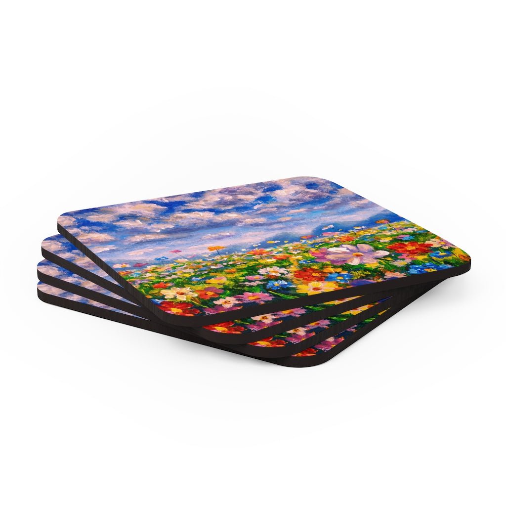 Claude Monet Flower Meadow Corkwood Coaster Set - Puffin Lime