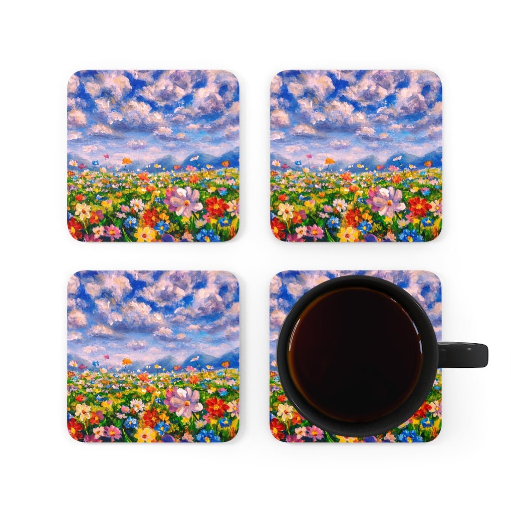 Claude Monet Flower Meadow Corkwood Coaster Set - Puffin Lime