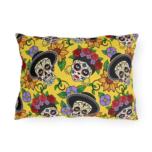 Colorful Sugar Skulls Outdoor Pillow - Puffin Lime