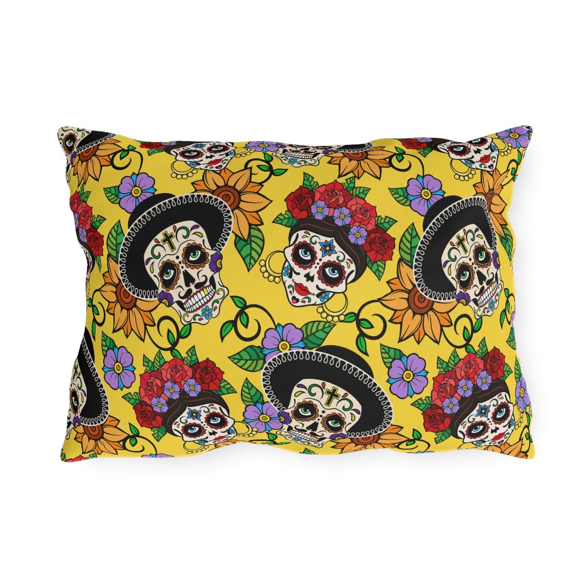Colorful Sugar Skulls Outdoor Pillow - Puffin Lime
